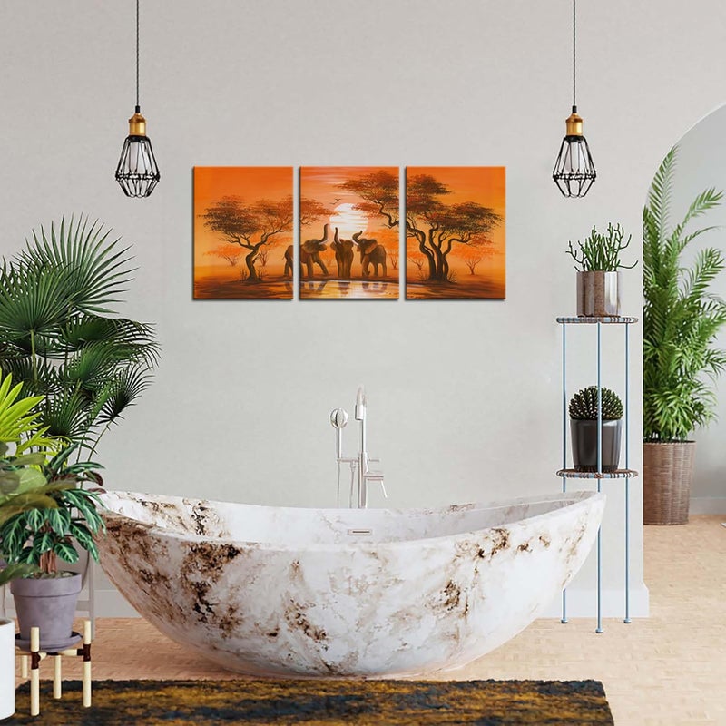 iHAPPYWALL Vintage African Elephant Family Canvas Wall Art African Forest Sunset Landscape Orange Picture Print On Canvas for Living Room Bedroom Home Decor Ready to Hang 12"x16"x3PCS - Image 5